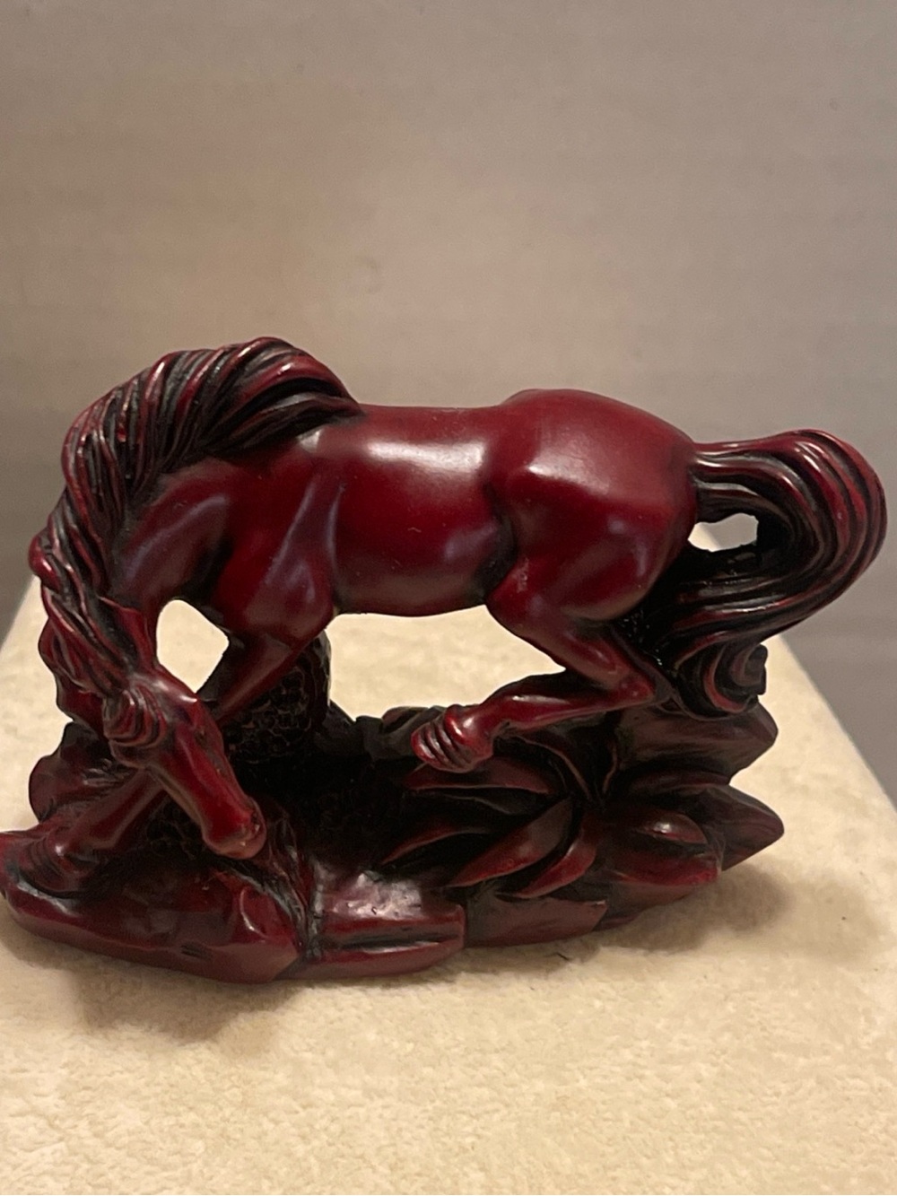 Hand-Carved small Chinese Red Horse Figurine in Deep Red